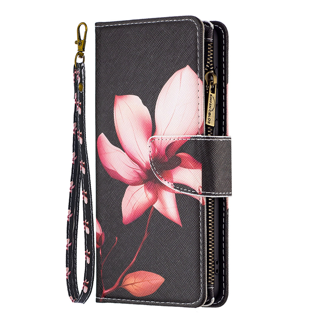 BF03 Zipper Pocket Leather Case for iPhone 15 Pro , Pattern Printing Stand Wallet Phone Cover - Pink Flower BF03 Zipper Pocket Leather Case for iPhone 15 Pro , Pattern Printing Stand Wallet Phone Cover - Pink Flower